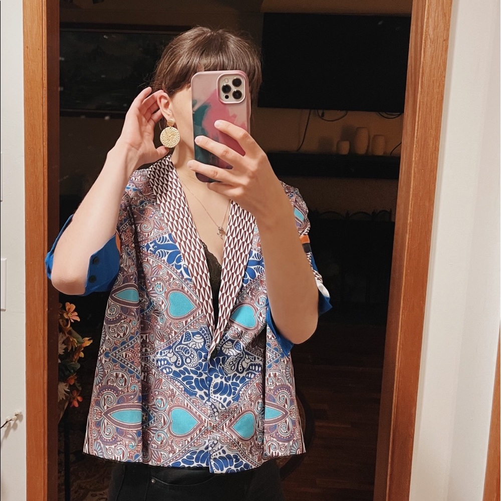 Mixed Pattern Retro Blazer Blouse
